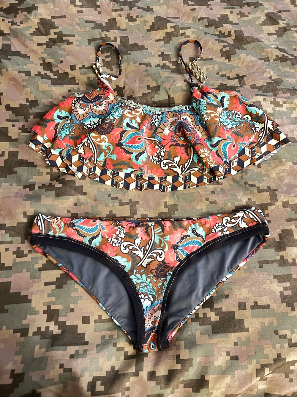 Maaji Floral Ruffle Two-Piece Bikini - Multicolor with reversible bottom.